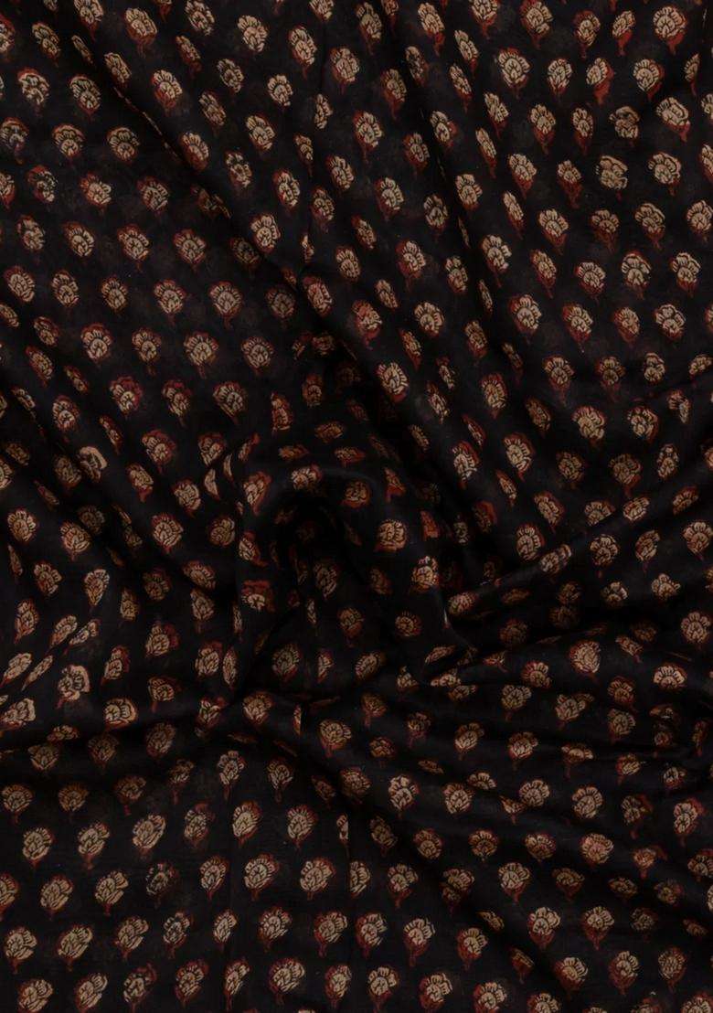 Black Printed Chanderi Cotton Saree With Zari Border For Women - Indya
