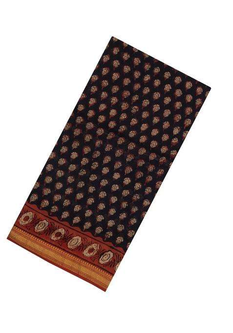 Black Printed Chanderi Cotton Saree With Zari Border For Women