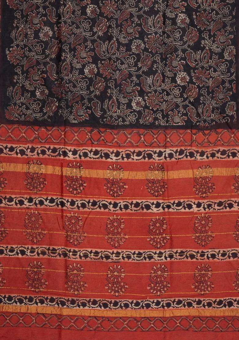 Black Printed Chanderi Cotton Saree With Zari Border For Women - Indya