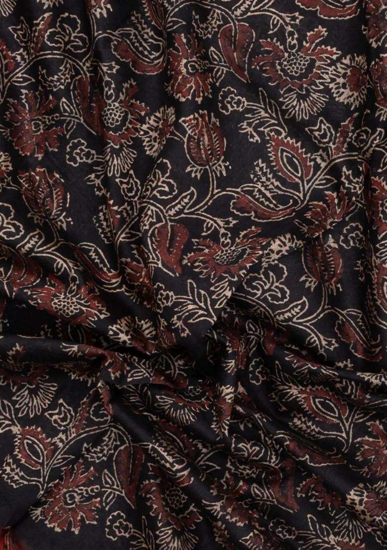 Black Printed Chanderi Cotton Saree With Zari Border For Women - Indya