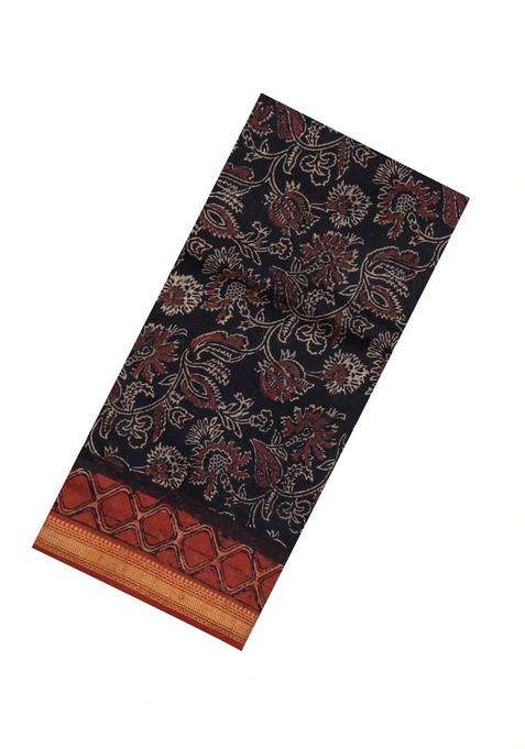 Black Printed Chanderi Cotton Saree With Zari Border For Women