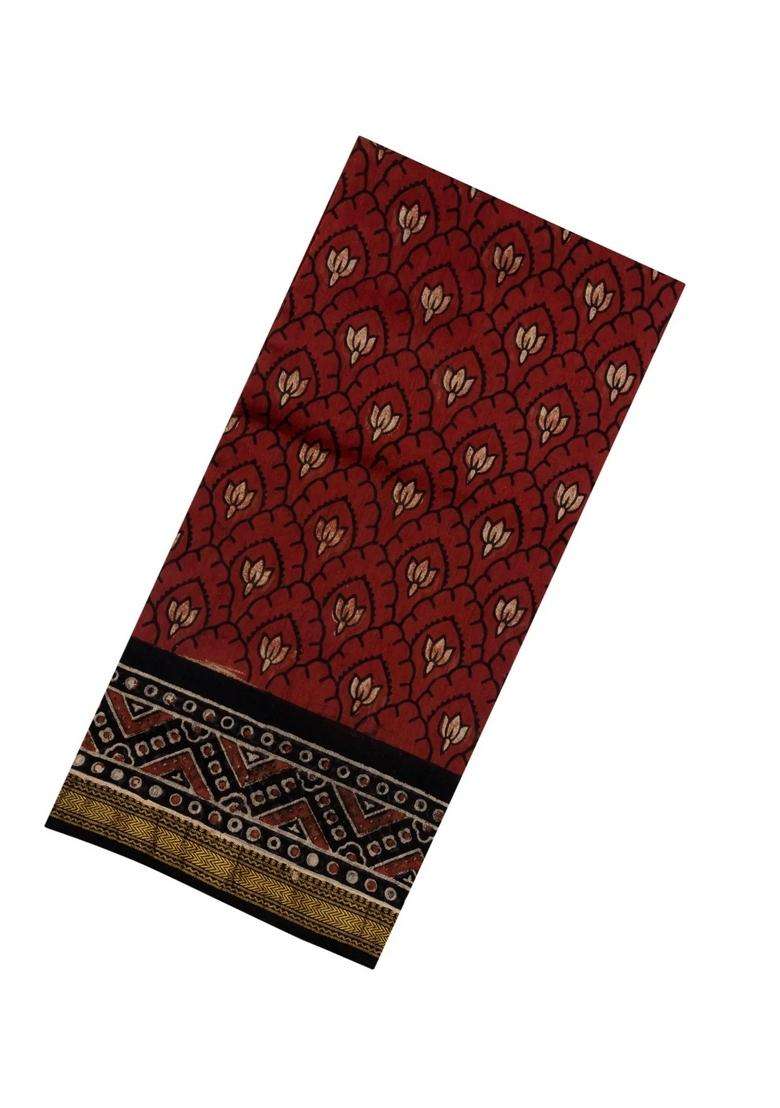 Crimson Printed Chanderi Cotton Saree With Zari Border For Women - Indya