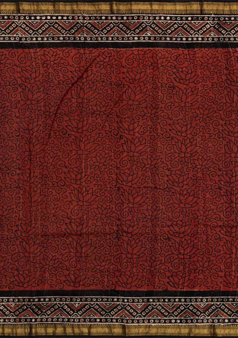 Crimson Printed Chanderi Cotton Saree With Zari Border For Women - Indya