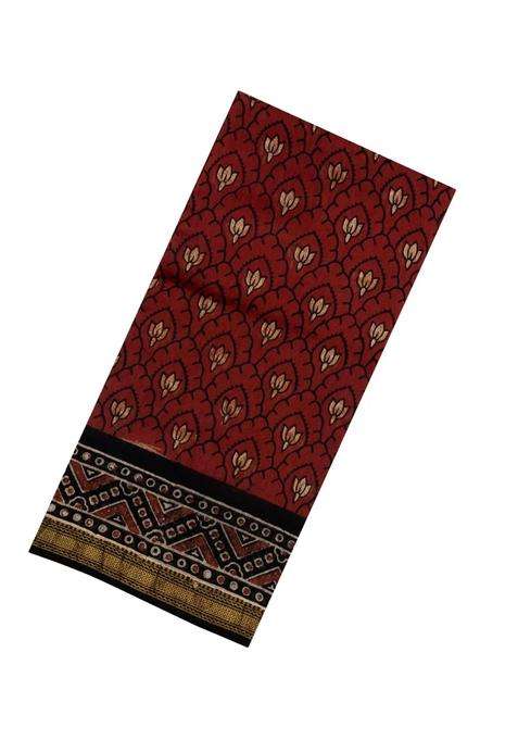 Crimson Printed Chanderi Cotton Saree With Zari Border For Women