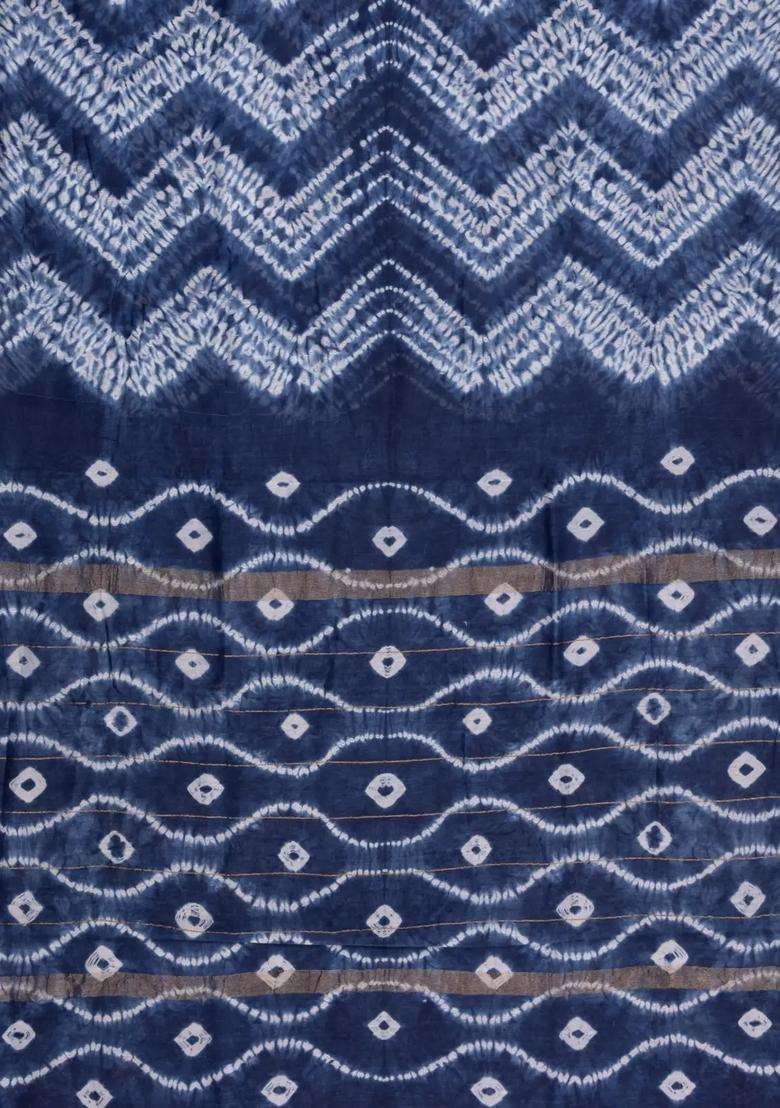 Indigo Printed Chanderi Cotton Saree With Zari Border For Women - Indya