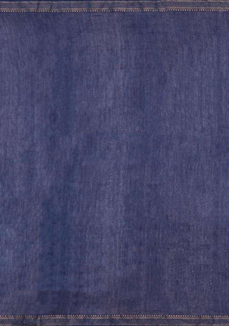 Indigo Printed Chanderi Cotton Saree With Zari Border For Women - Indya