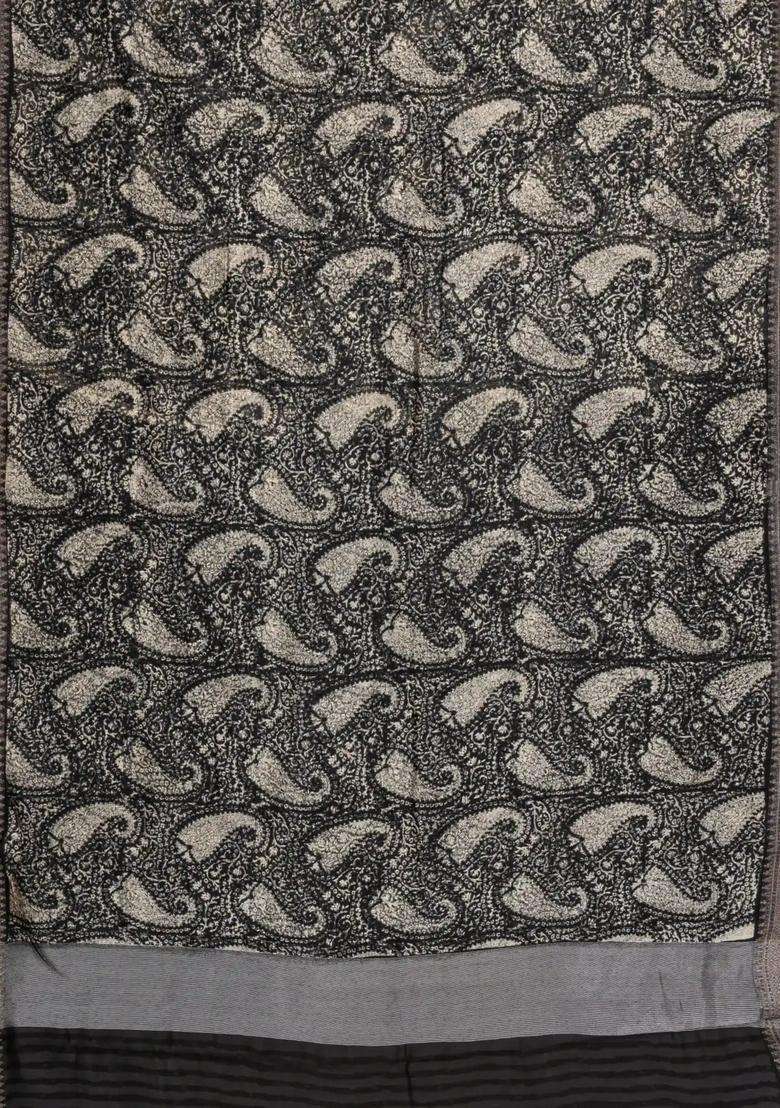 Black Printed Chanderi Cotton Saree With Zari Border For Women - Indya