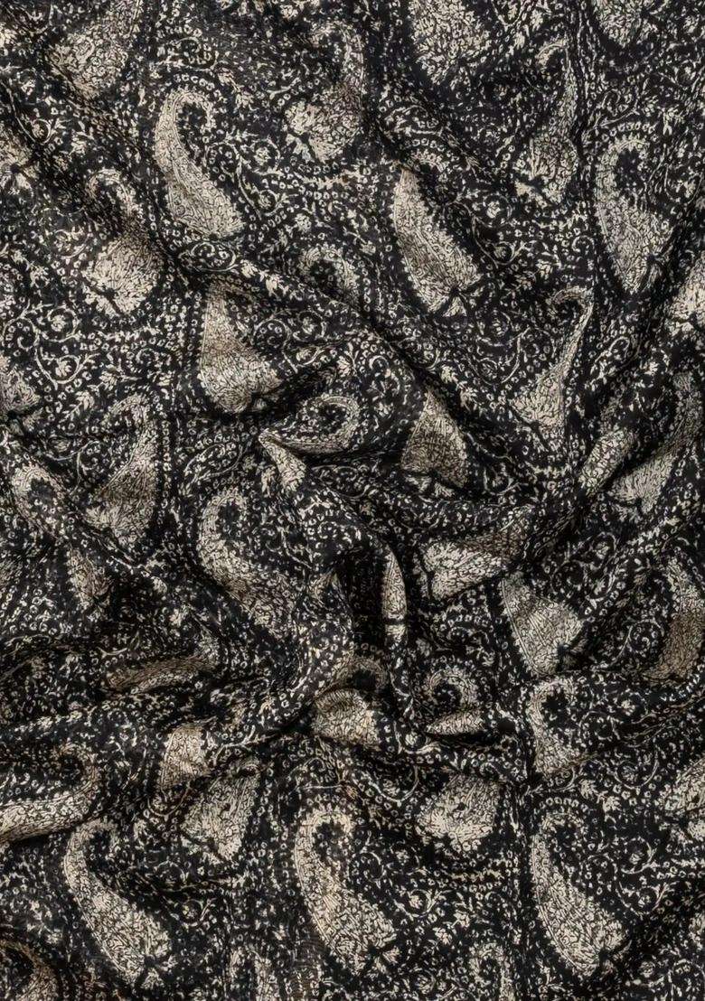 Black Printed Chanderi Cotton Saree With Zari Border For Women - Indya
