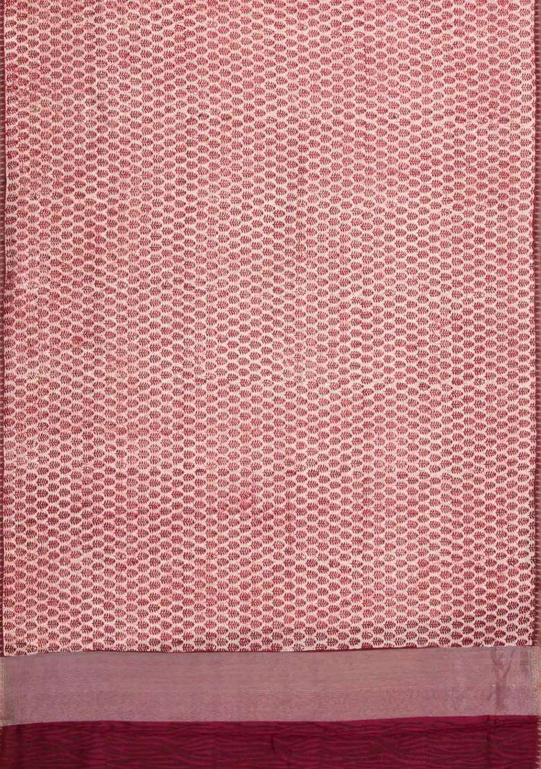 Burgundy Printed Chanderi Cotton Saree With Zari Border For Women - Indya