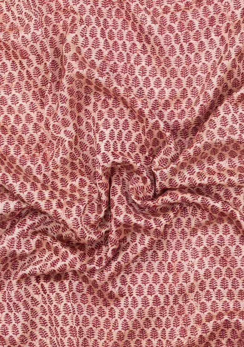Burgundy Printed Chanderi Cotton Saree With Zari Border For Women - Indya