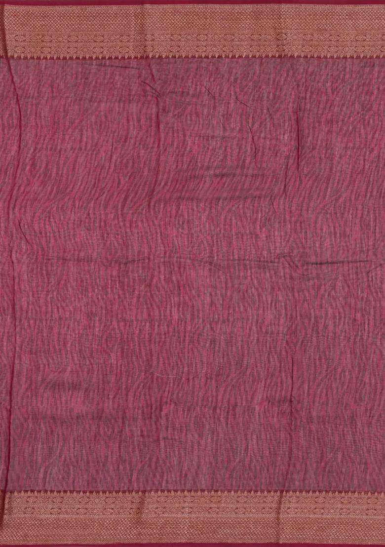 Burgundy Printed Chanderi Cotton Saree With Zari Border For Women - Indya