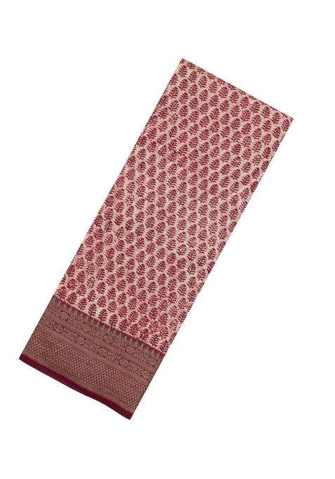 Burgundy Printed Chanderi Cotton Saree With Zari Border For Women