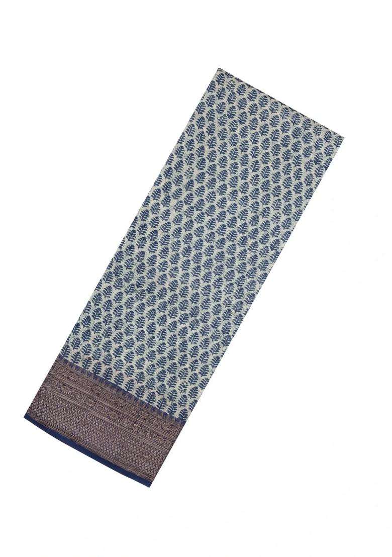 Steel Blue Printed Chanderi Cotton Saree With Zari Border For Women - Indya