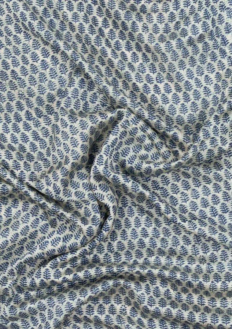 Steel Blue Printed Chanderi Cotton Saree With Zari Border For Women - Indya