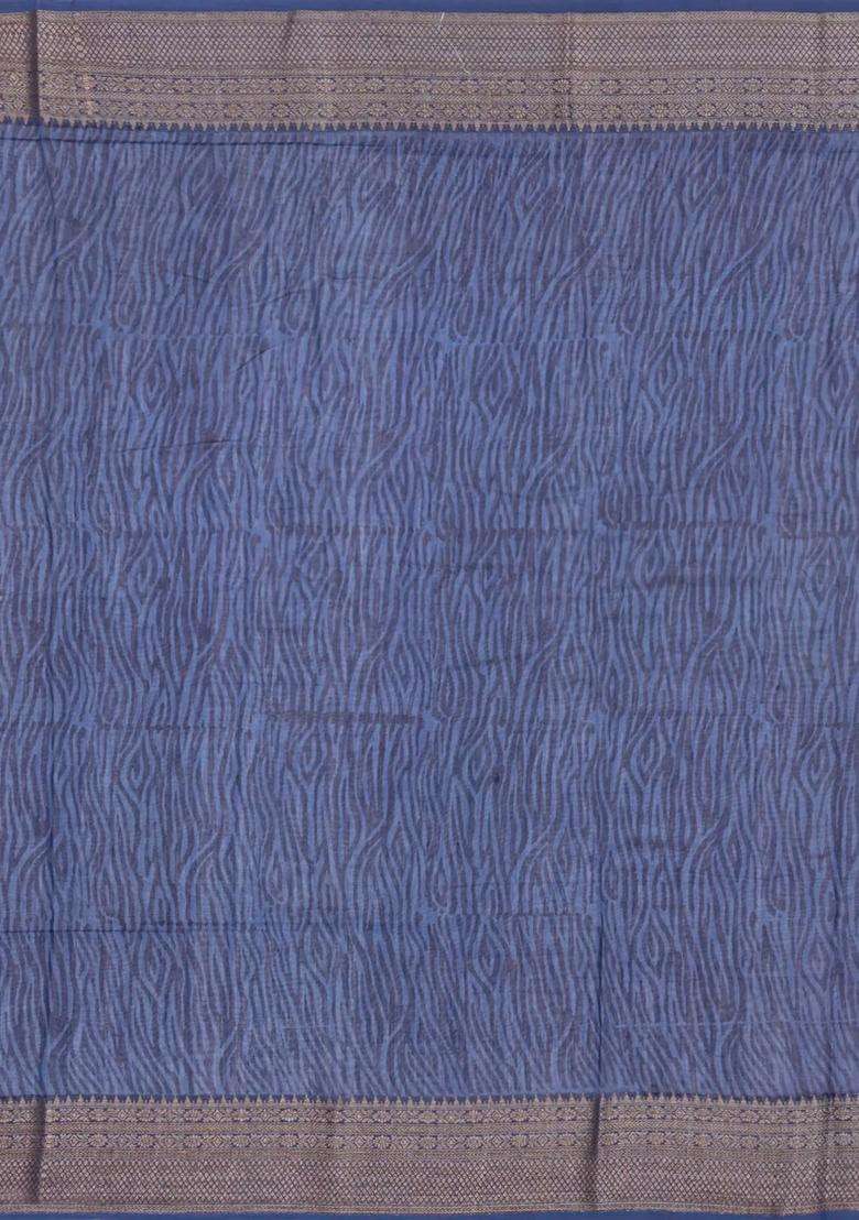 Steel Blue Printed Chanderi Cotton Saree With Zari Border For Women - Indya