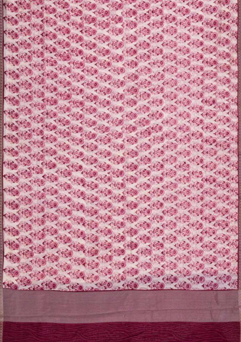 Dusty Pink Printed Chanderi Cotton Saree With Zari Border For Women - Indya