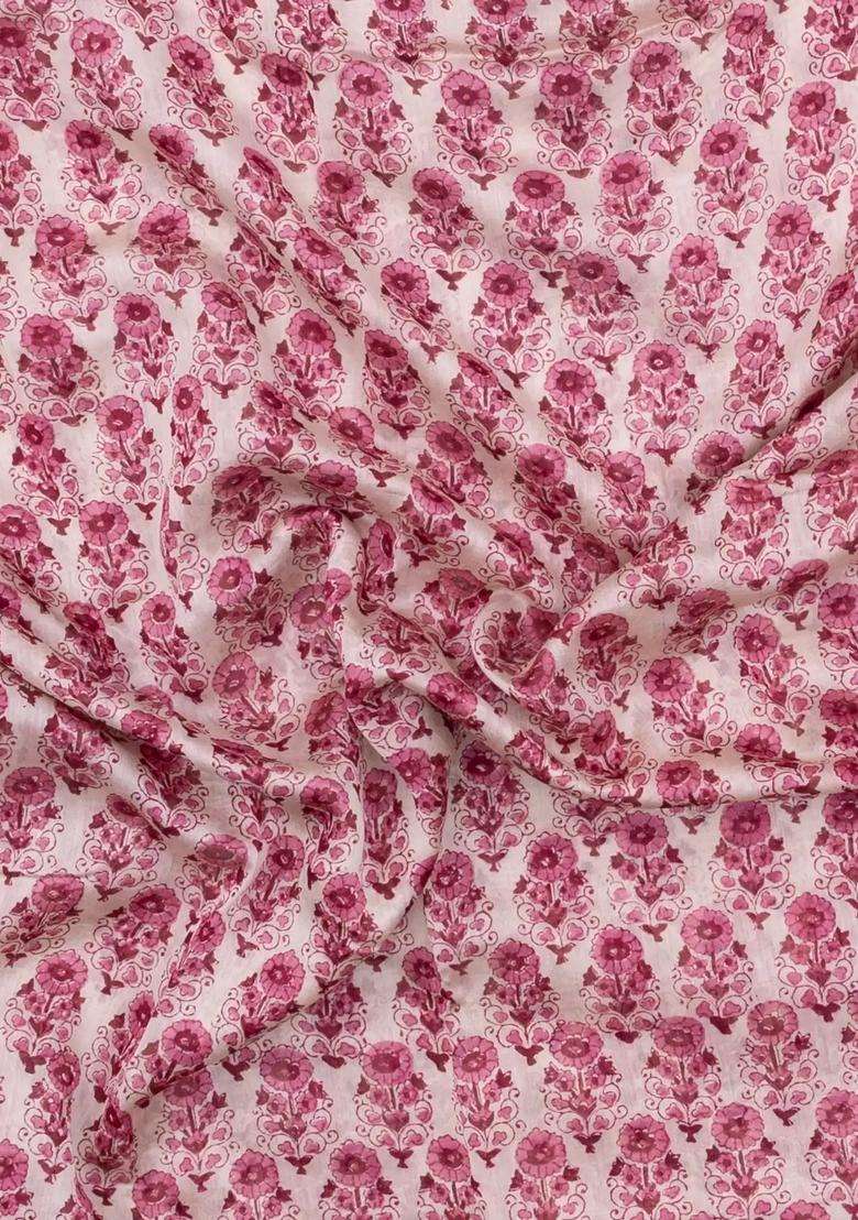 Dusty Pink Printed Chanderi Cotton Saree With Zari Border For Women - Indya