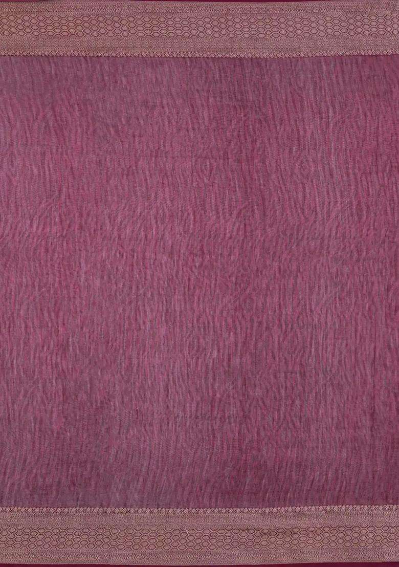 Dusty Pink Printed Chanderi Cotton Saree With Zari Border For Women - Indya