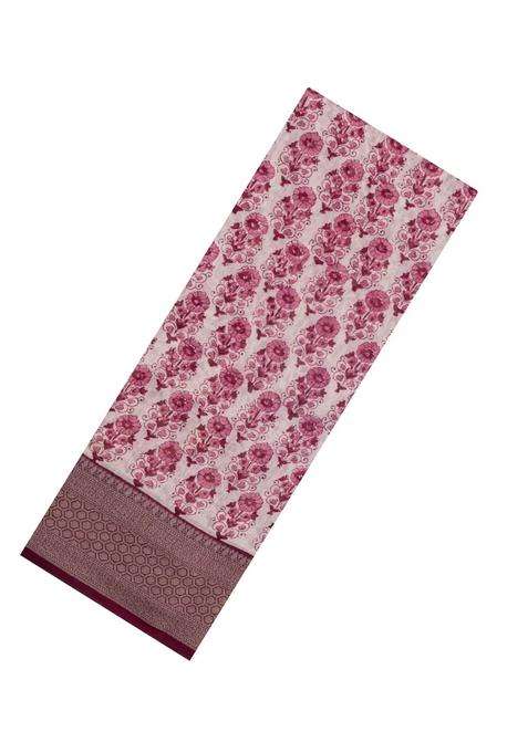 Dusty Pink Printed Chanderi Cotton Saree With Zari Border For Women