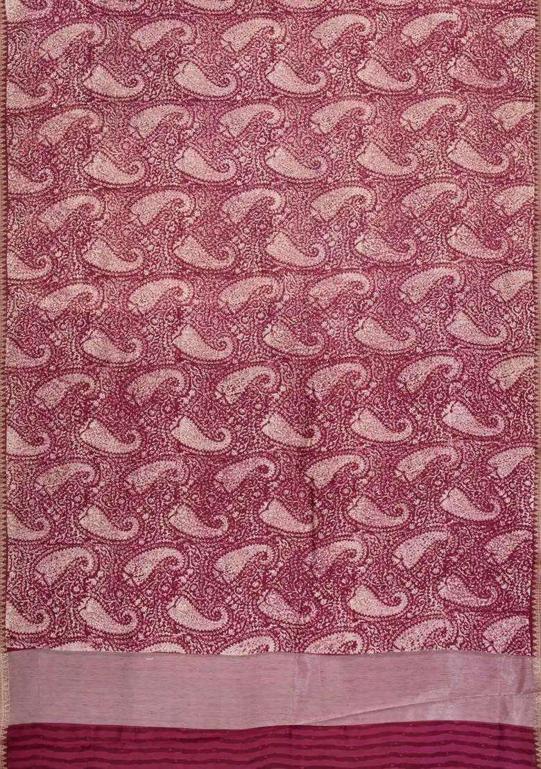 Burgundy Printed Chanderi Cotton Saree With Zari Border For Women - Indya