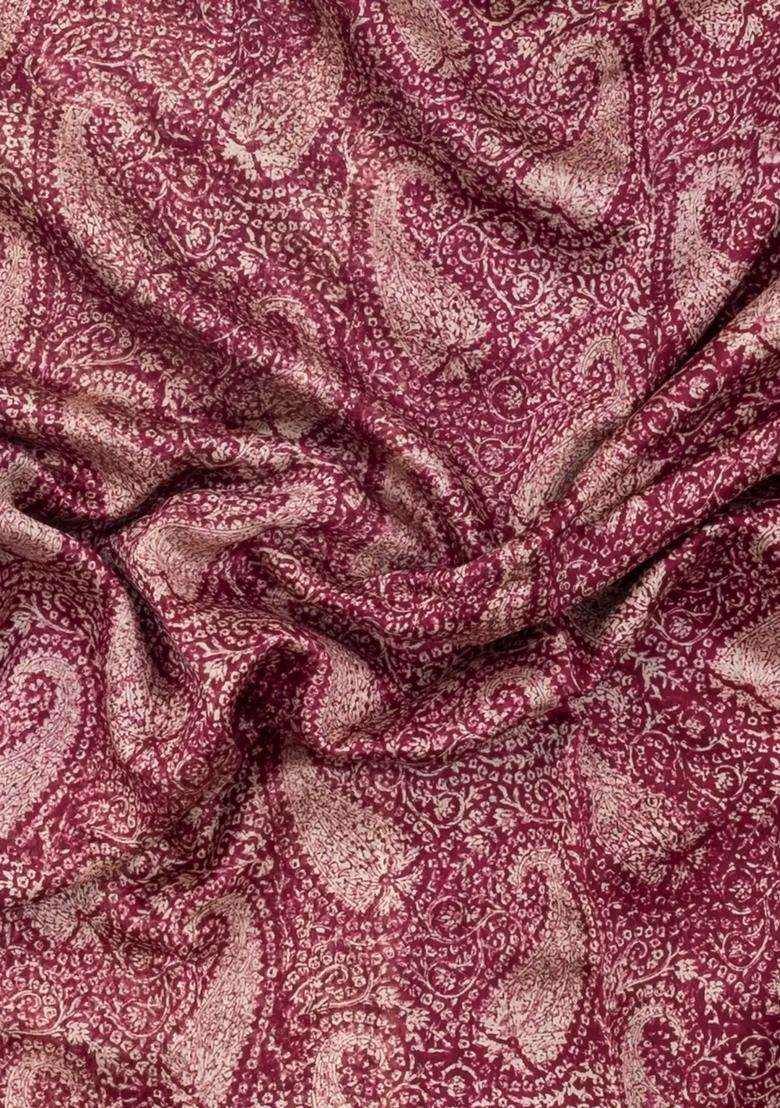 Burgundy Printed Chanderi Cotton Saree With Zari Border For Women - Indya