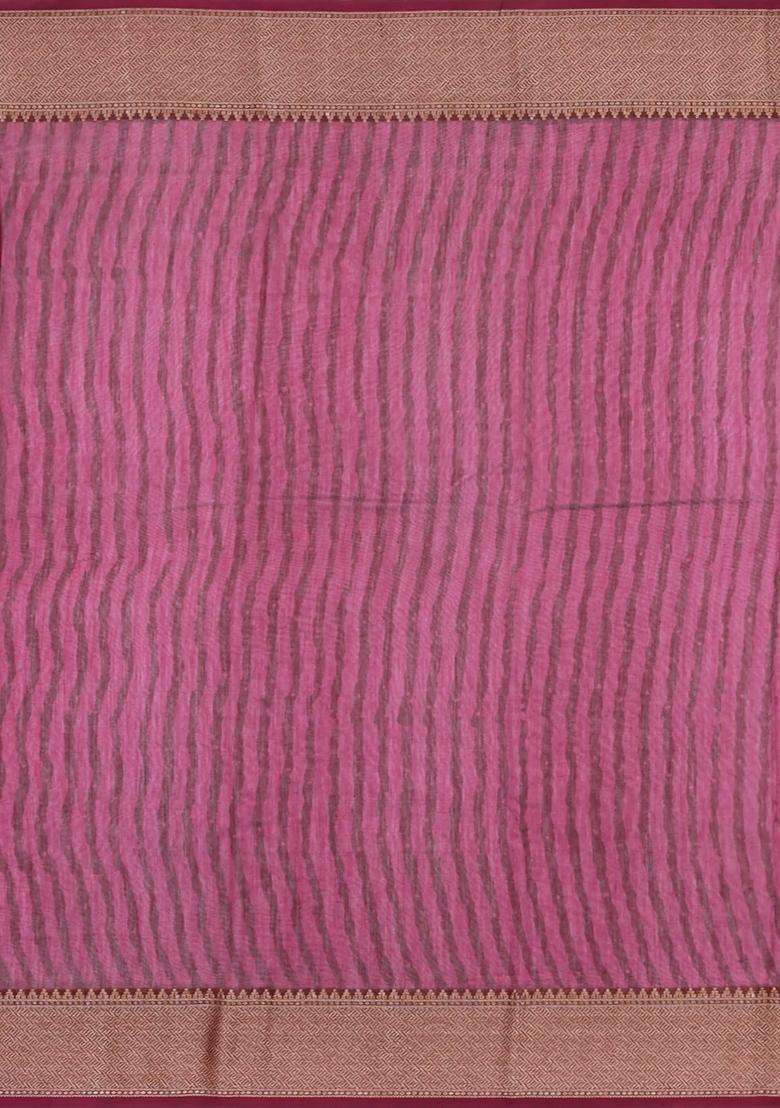 Burgundy Printed Chanderi Cotton Saree With Zari Border For Women - Indya