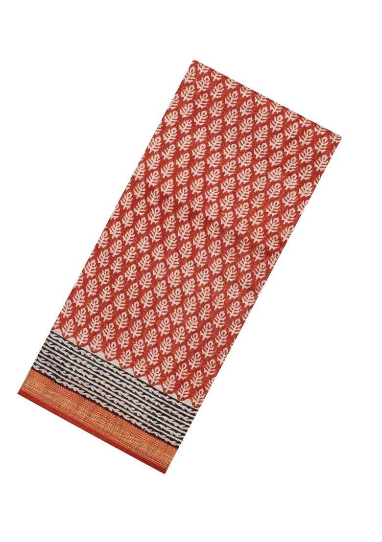 Red Printed Chanderi Cotton Saree With Zari Border For Women - Indya