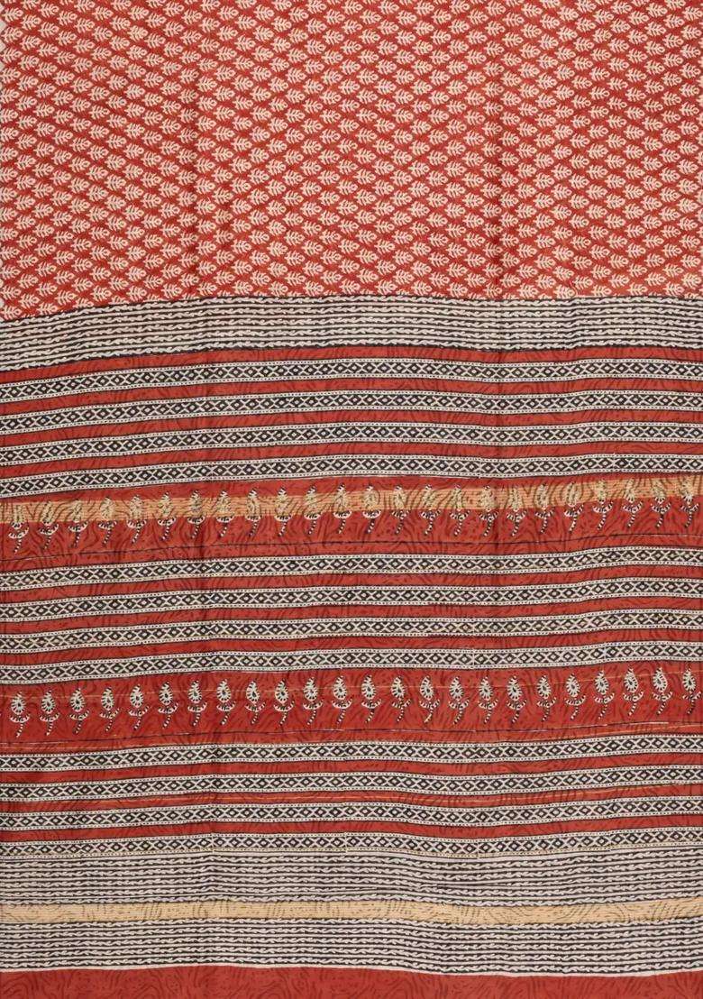 Red Printed Chanderi Cotton Saree With Zari Border For Women - Indya
