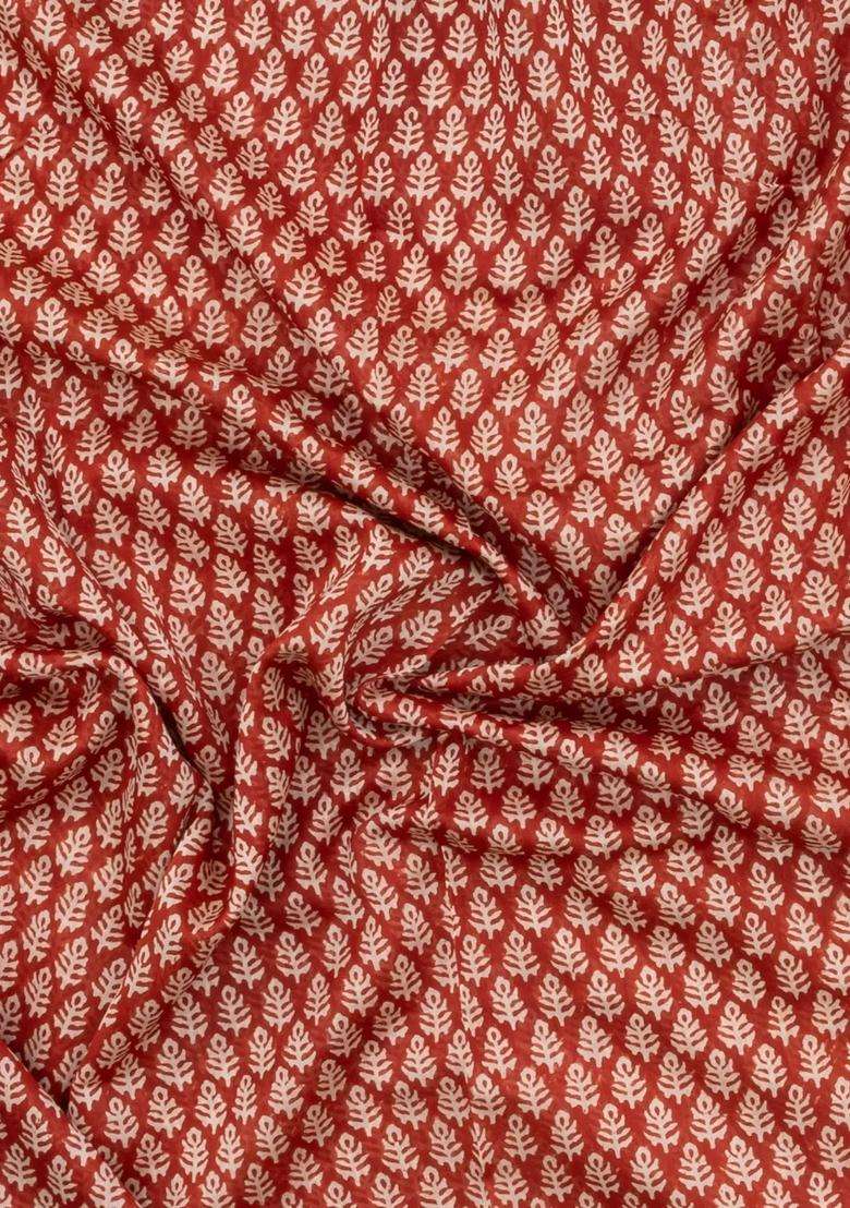 Red Printed Chanderi Cotton Saree With Zari Border For Women - Indya