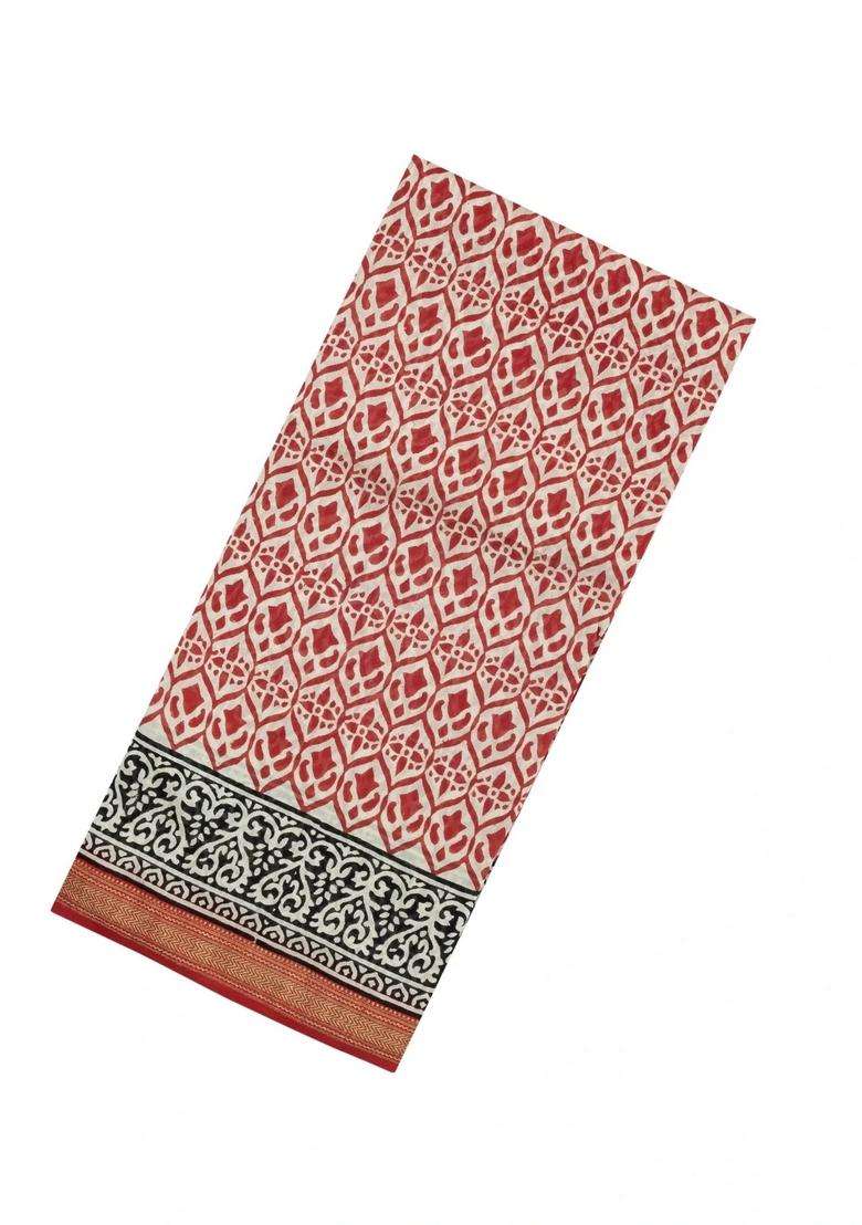 Red Printed Chanderi Cotton Saree With Zari Border For Women - Indya