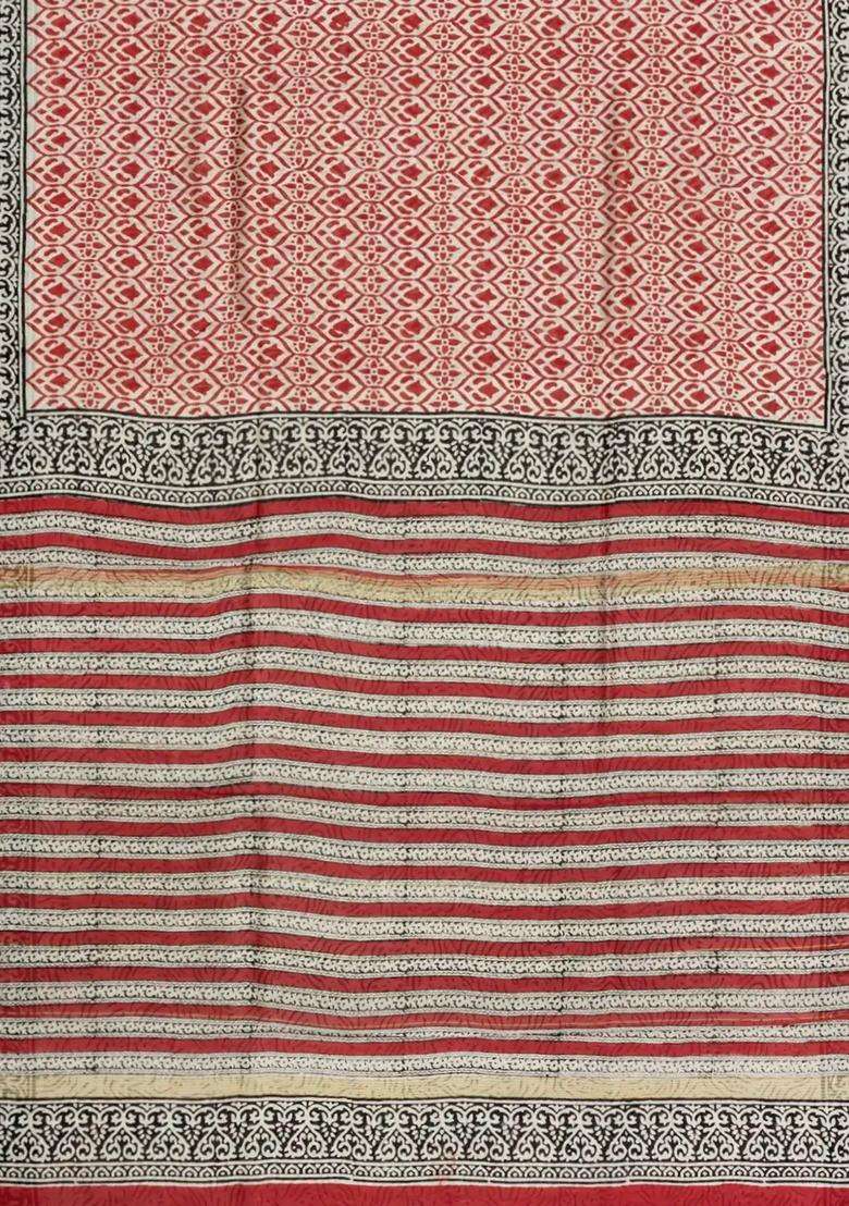 Red Printed Chanderi Cotton Saree With Zari Border For Women - Indya