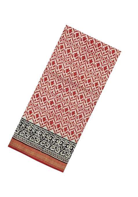 Red Printed Chanderi Cotton Saree With Zari Border For Women