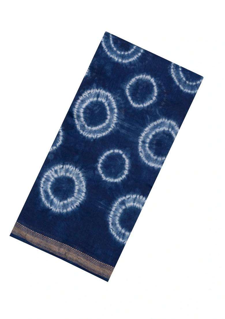 Indigo Printed Chanderi Cotton Saree With Zari Border For Women - Indya