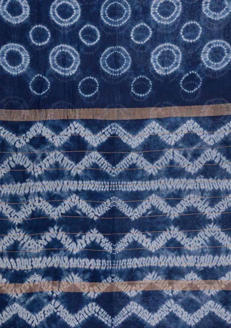 Indigo Printed Chanderi Cotton Saree With Zari Border For Women - Indya