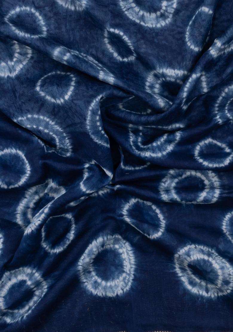 Indigo Printed Chanderi Cotton Saree With Zari Border For Women - Indya