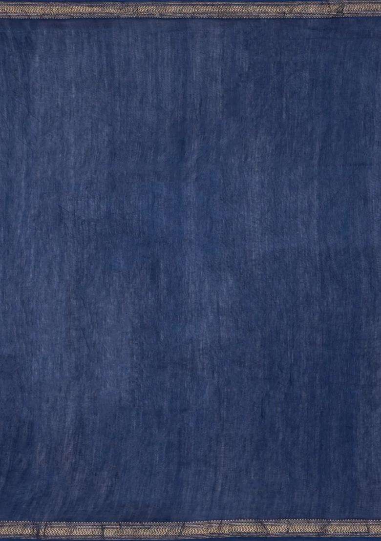 Indigo Printed Chanderi Cotton Saree With Zari Border For Women - Indya