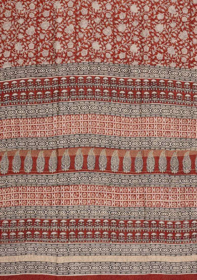 Rust Printed Chanderi Cotton Saree With Zari Border For Women - Indya