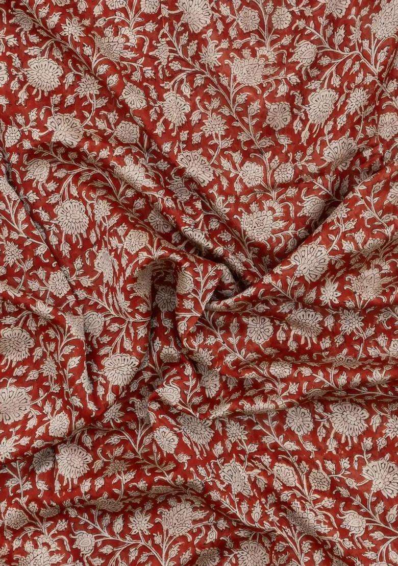 Rust Printed Chanderi Cotton Saree With Zari Border For Women - Indya