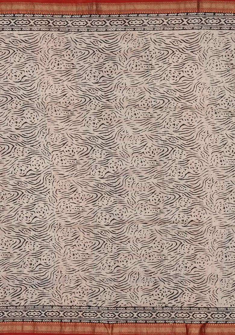 Rust Printed Chanderi Cotton Saree With Zari Border For Women - Indya