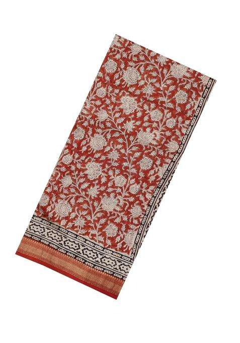 Rust Printed Chanderi Cotton Saree With Zari Border For Women