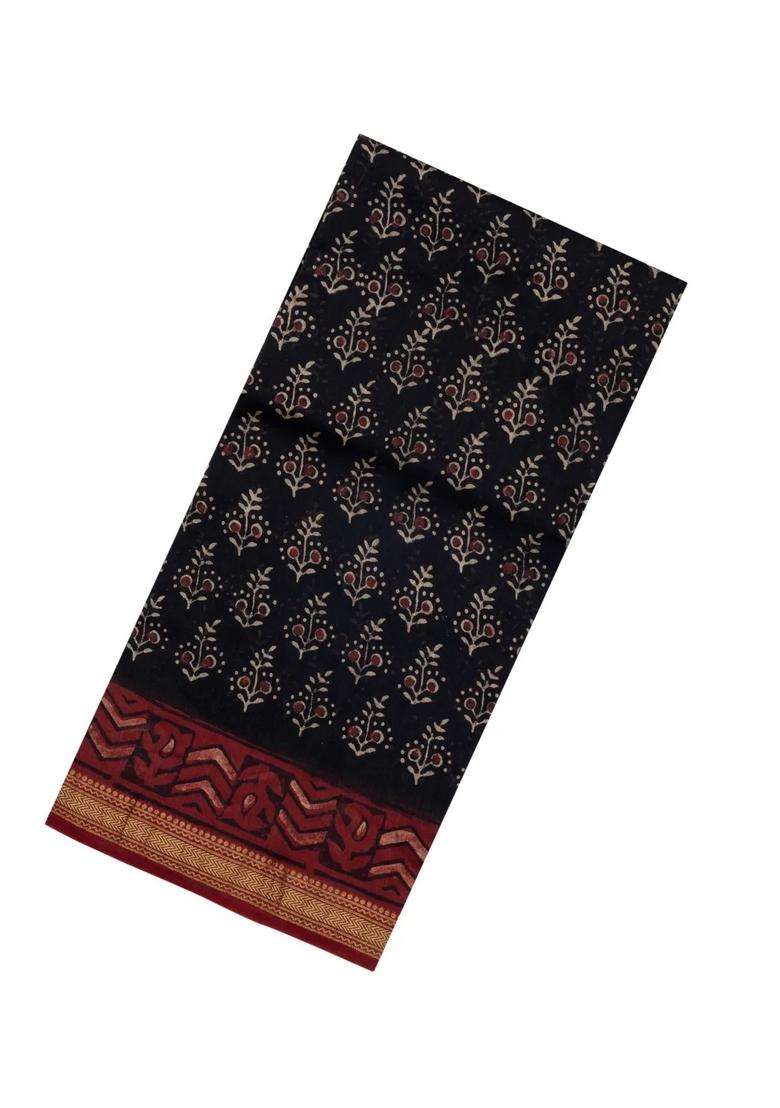 Black Printed Chanderi Cotton Saree With Zari Border For Women - Indya