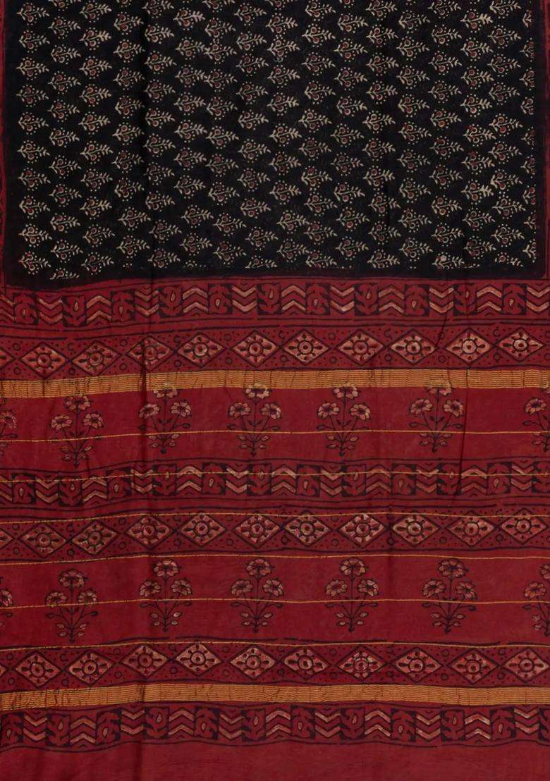 Black Printed Chanderi Cotton Saree With Zari Border For Women - Indya