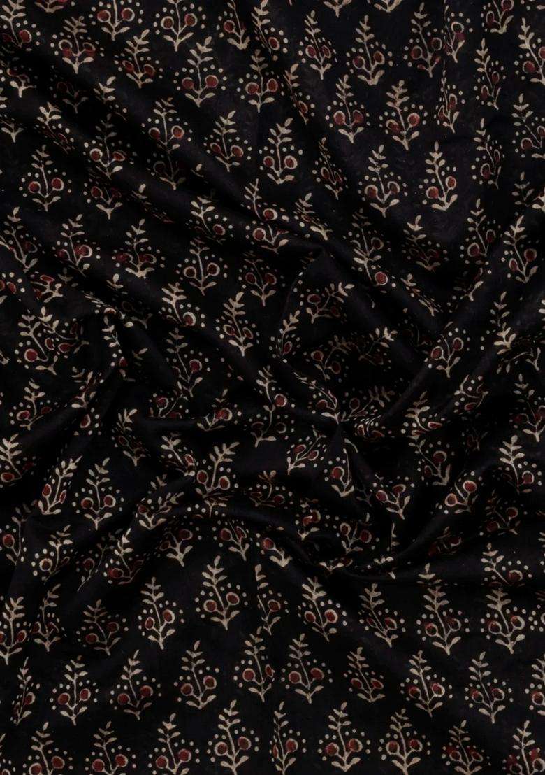 Black Printed Chanderi Cotton Saree With Zari Border For Women - Indya
