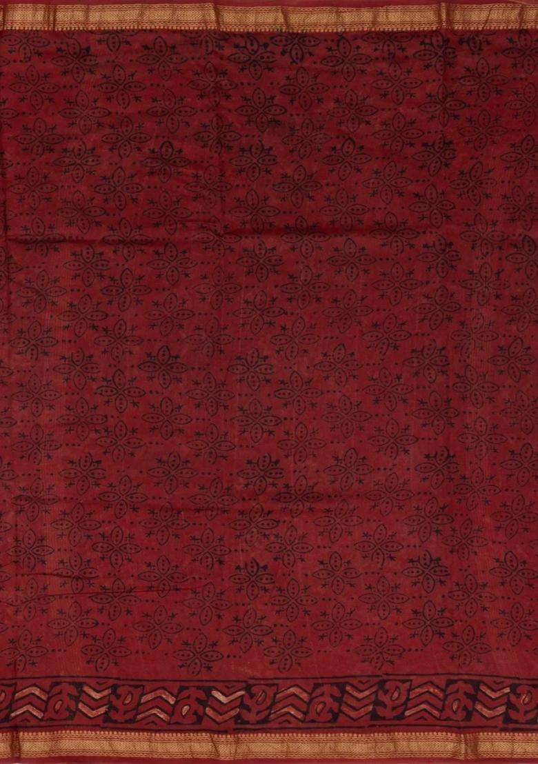 Black Printed Chanderi Cotton Saree With Zari Border For Women - Indya