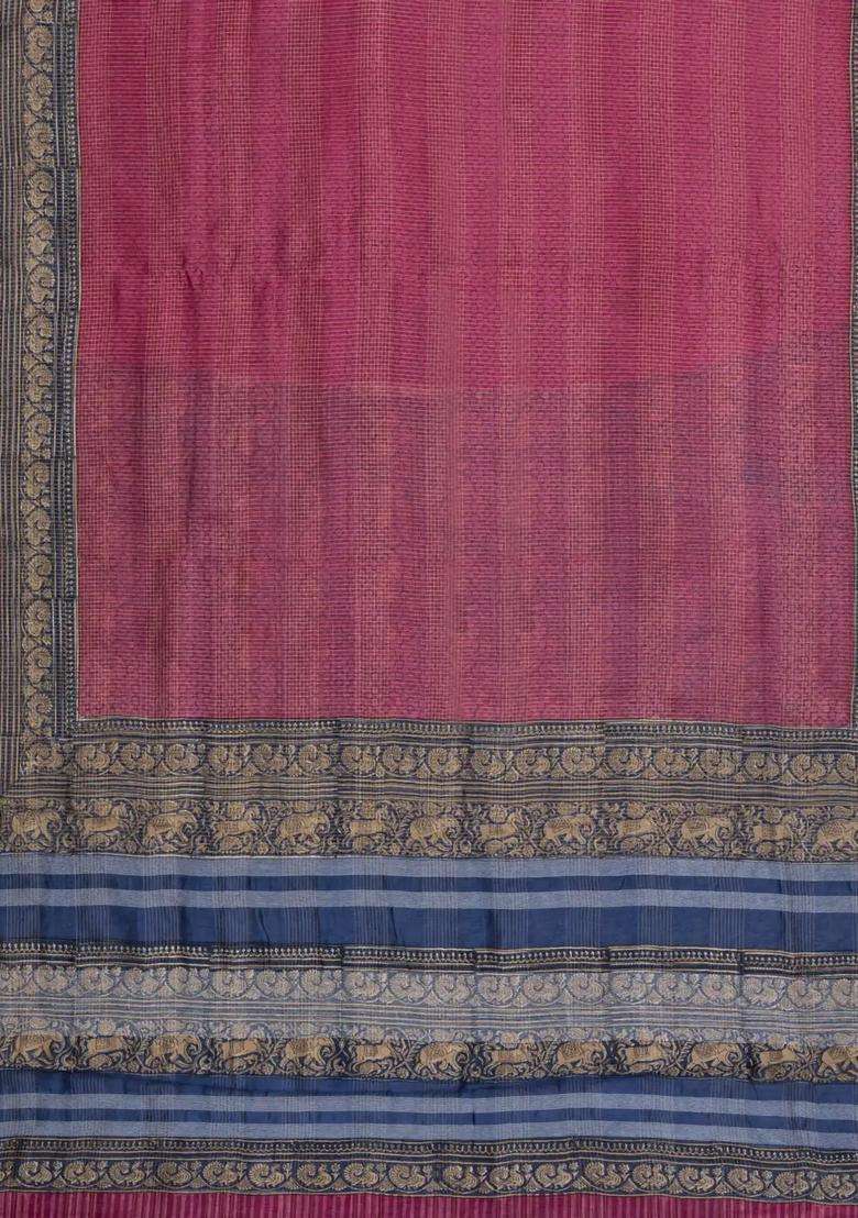 Magenta Printed Chanderi Cotton Saree With Zari Border For Women - Indya
