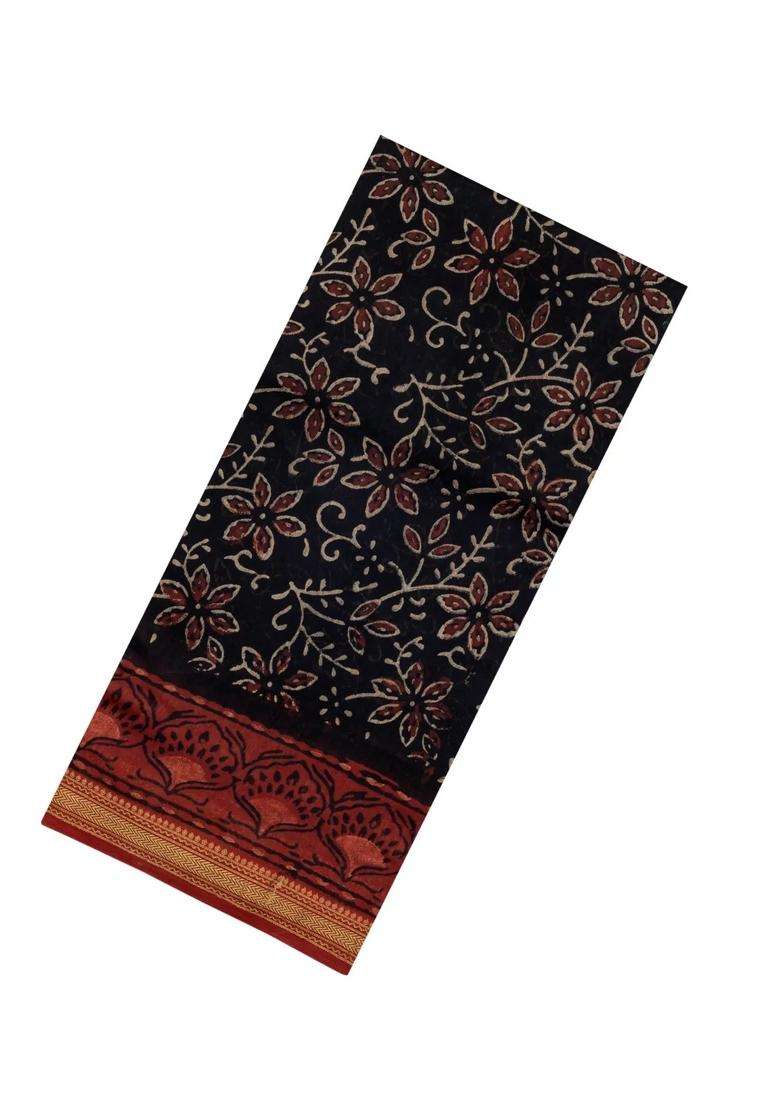 Black Printed Chanderi Cotton Saree With Zari Border For Women - Indya