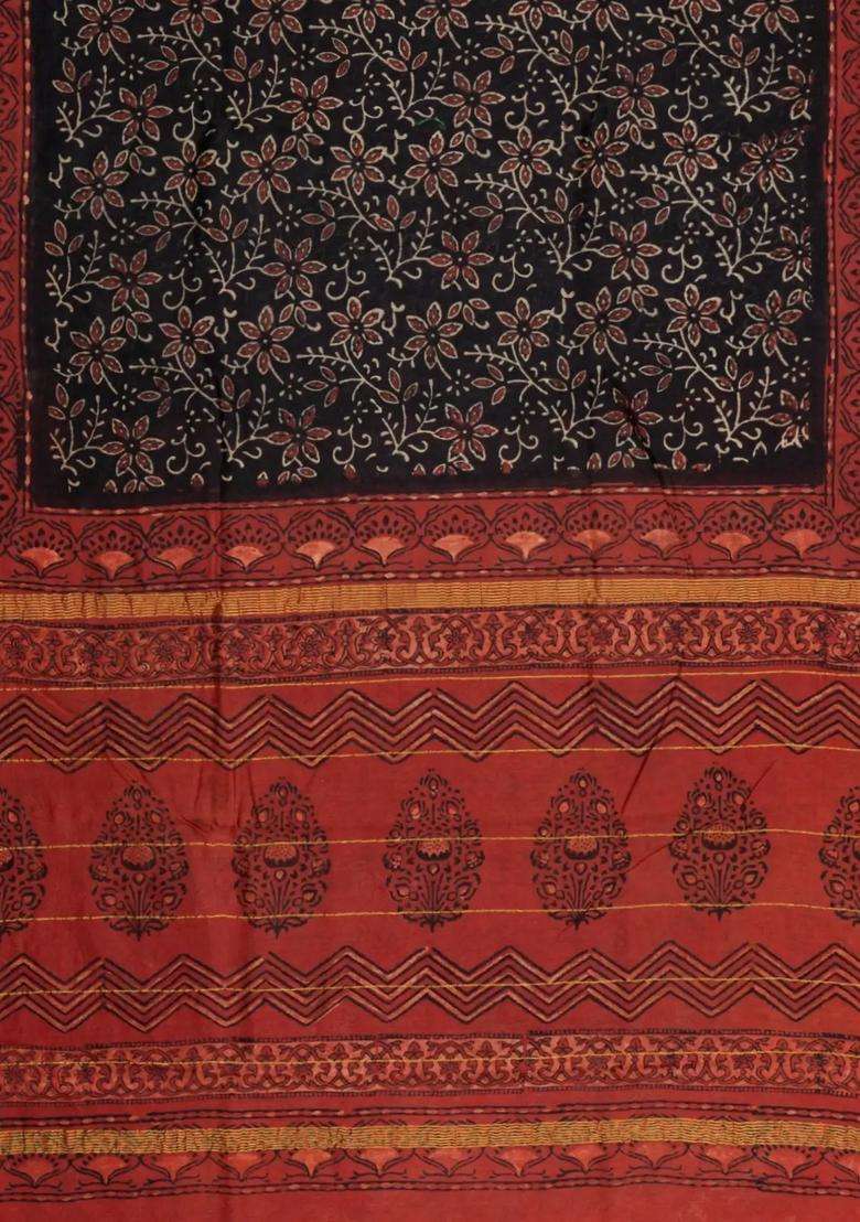 Black Printed Chanderi Cotton Saree With Zari Border For Women - Indya