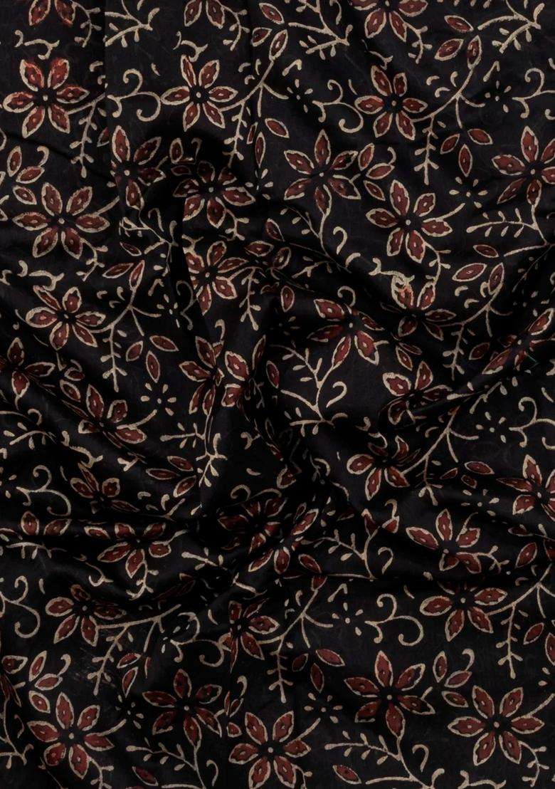 Black Printed Chanderi Cotton Saree With Zari Border For Women - Indya