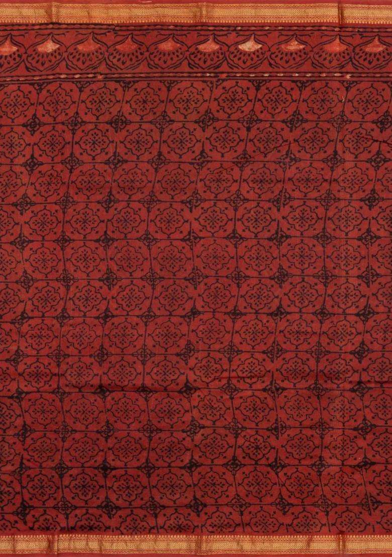 Black Printed Chanderi Cotton Saree With Zari Border For Women - Indya