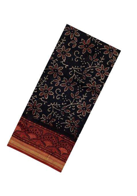 Black Printed Chanderi Cotton Saree With Zari Border For Women